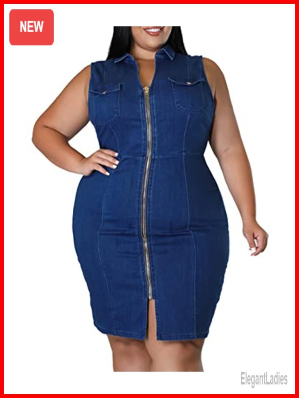 Sleeveless Full Zipper Bodycon Denim Dress Lapel V Neck Plus Size Mini